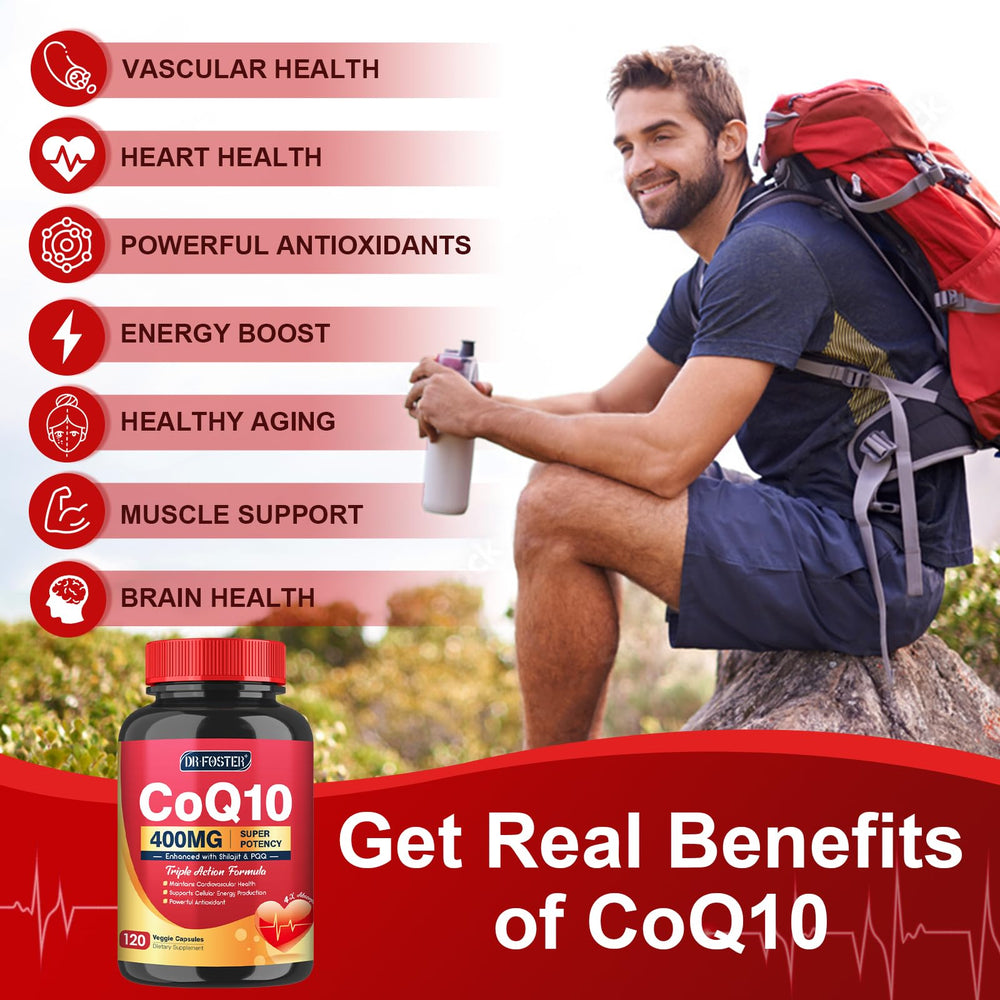DRFOSTER CoQ10 with Shilajit and PQQ emphasizes mitochondrial support.