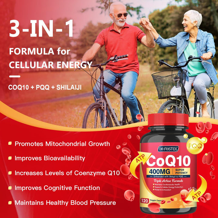 DRFOSTER CoQ10 label closeup highlights PQQ Shilajit and Vitamin E.