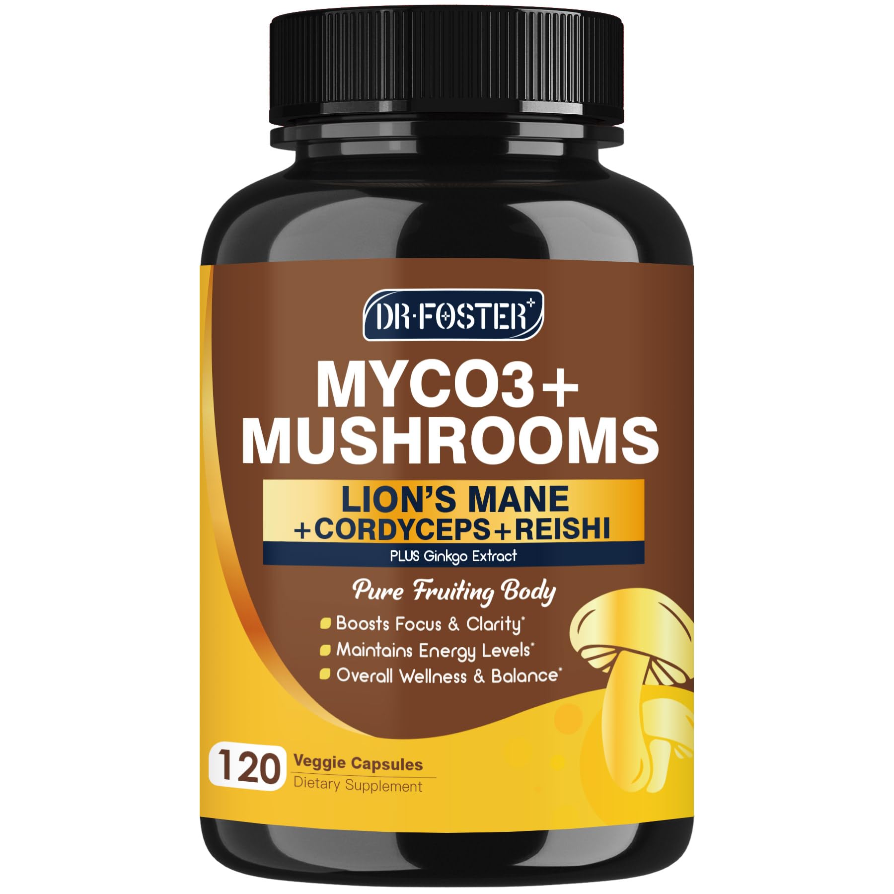 DRFOSTER Mushroom Complex bottle front label showing brain-clarity formula