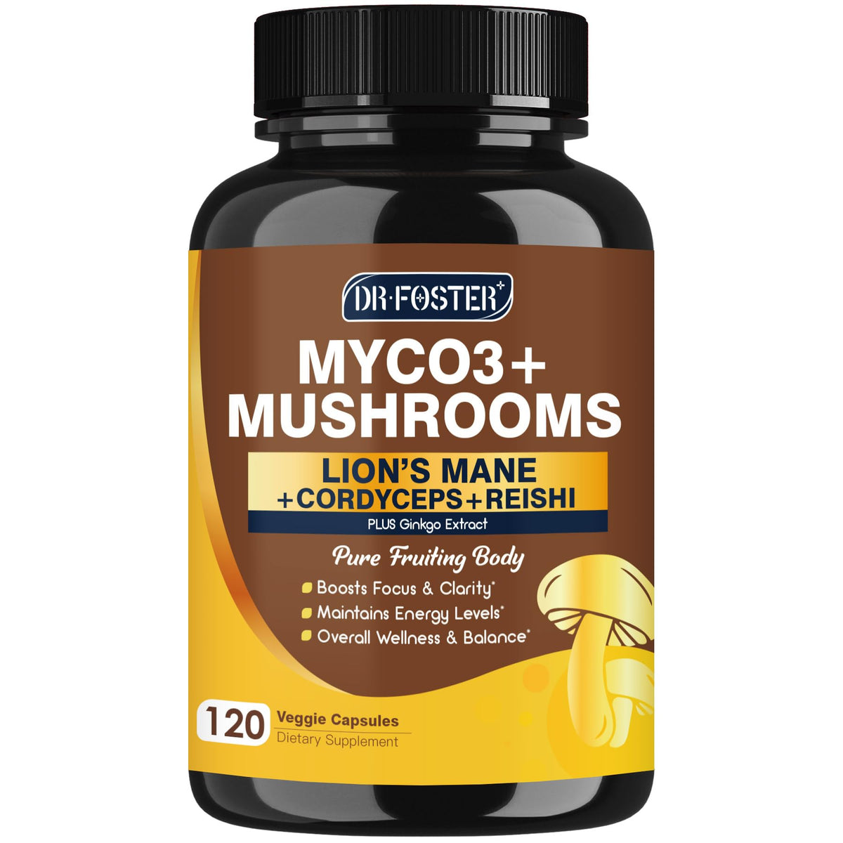 DRFOSTER Mushroom Complex bottle front label showing brain-clarity formula