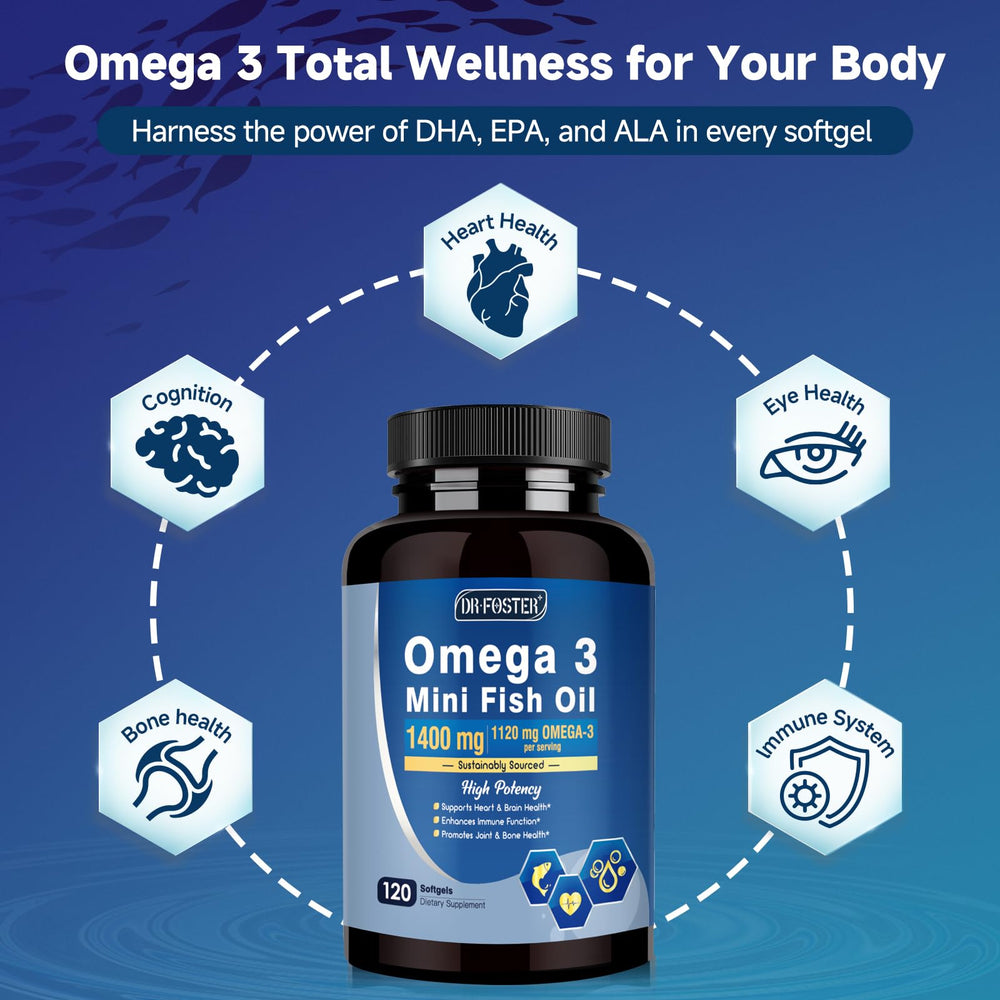 DRFOSTER Omega-3 ingredients panel shows DHA and EPA amounts for brain health