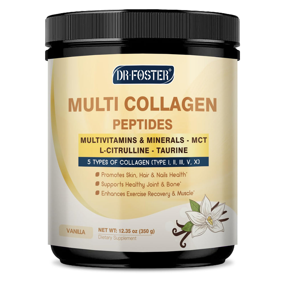 DRFOSTER Vanilla Collagen bottle showing a daily routine for skin and joints.