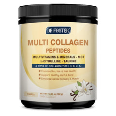 DRFOSTER Vanilla Collagen bottle showing a daily routine for skin and joints.