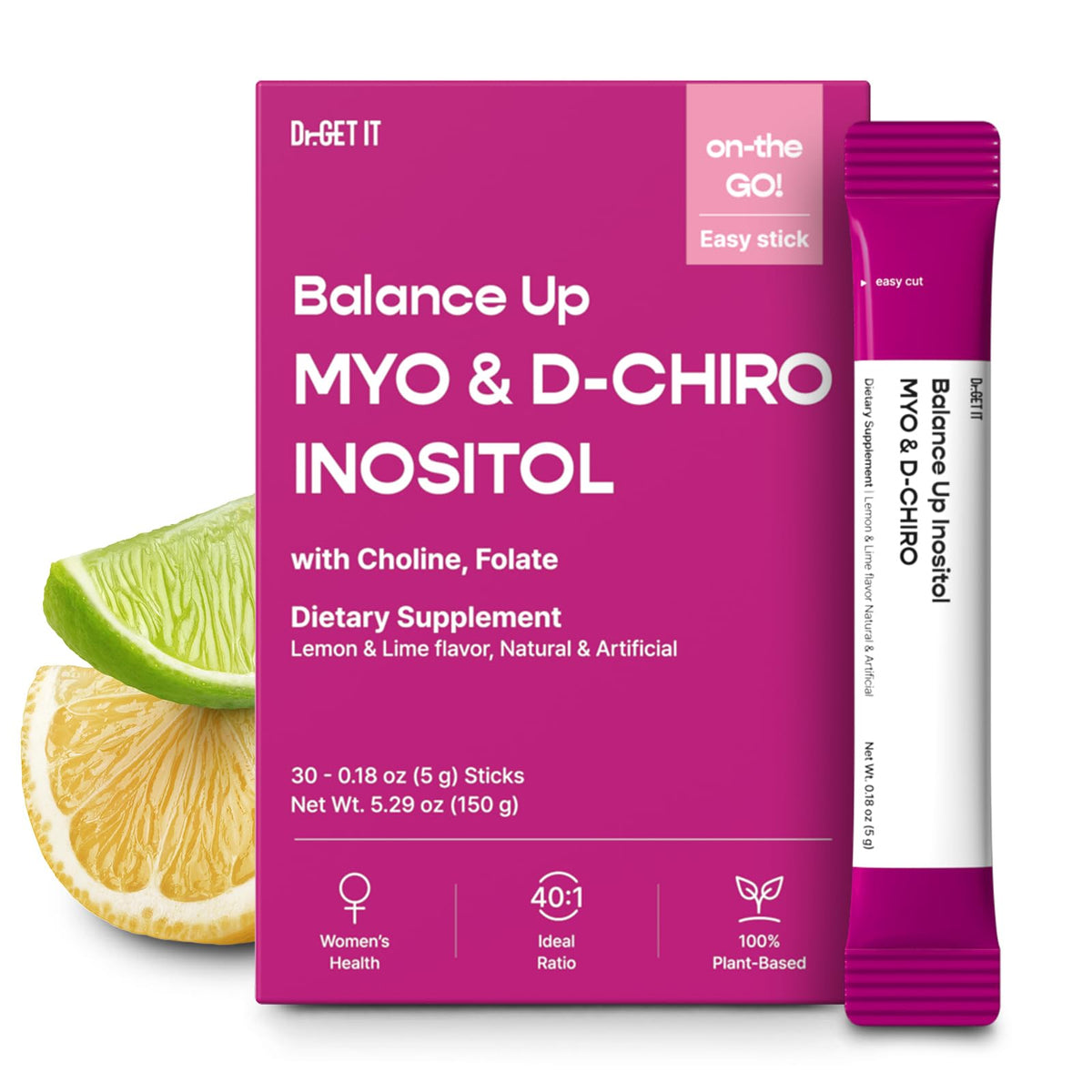 Dr GET IT Balance Up Inositol bottle highlights 40:1 ratio for hormone balance