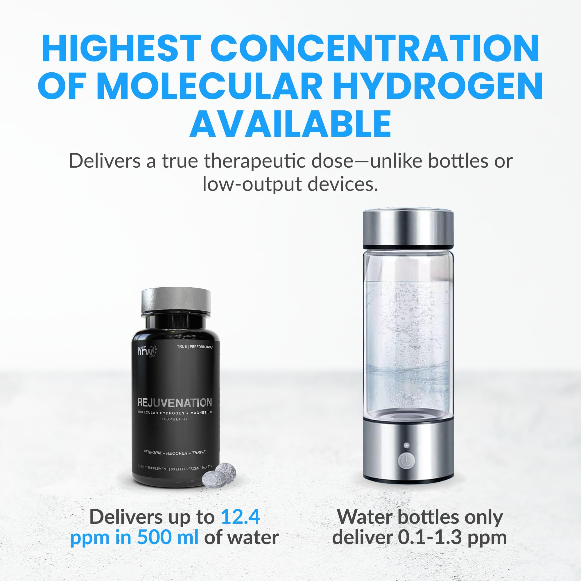 Front view of DRINK HRW Rejuvenation bottle with label and drop of water