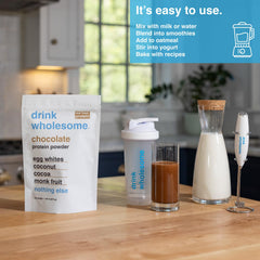 Drink Wholesome Chocolate Egg White Protein Powder Texture closeup highlights clean, minimally processed ingredients.
