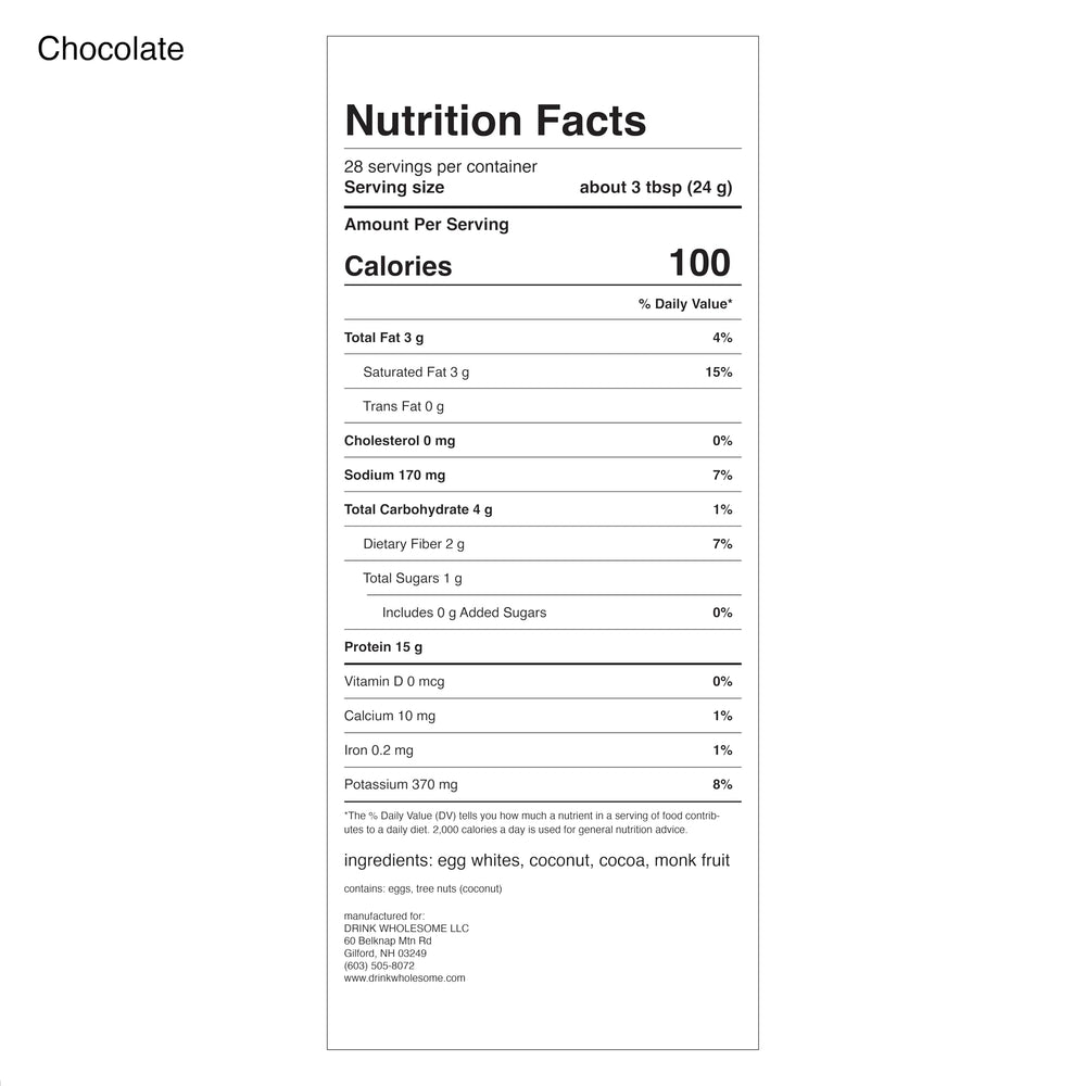 Drink Wholesome Chocolate Egg White Protein Preparation shot invites you to mix and enjoy.