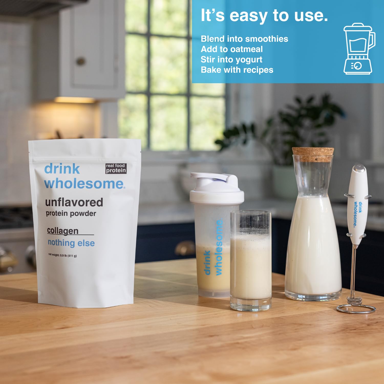 Glass with Drink Wholesome collagen powder dissolved in water demonstrates low FODMAP compatibility
