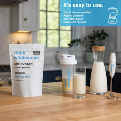 Glass with Drink Wholesome collagen powder dissolved in water demonstrates low FODMAP compatibility