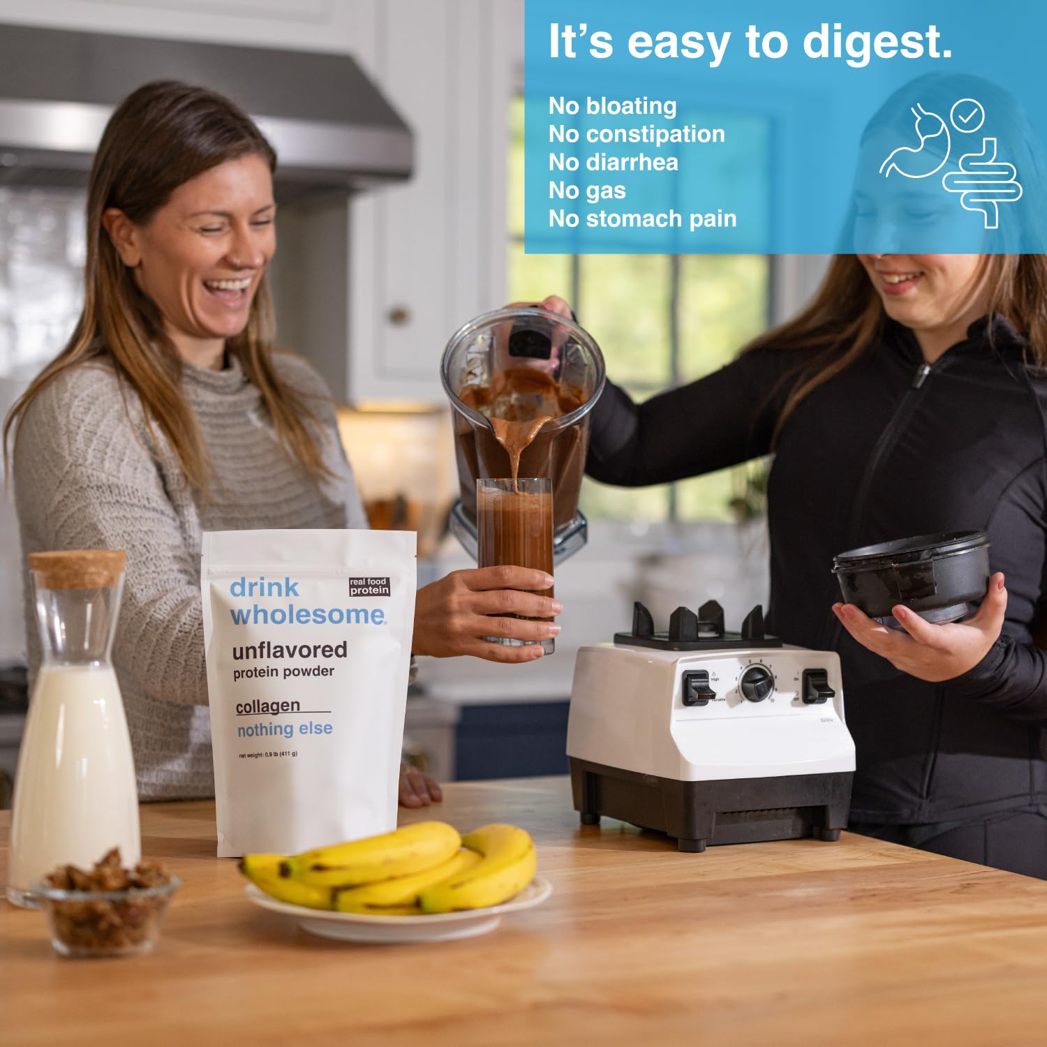 Pouring Drink Wholesome collagen powder into water highlights gluten-free and dairy-free benefits