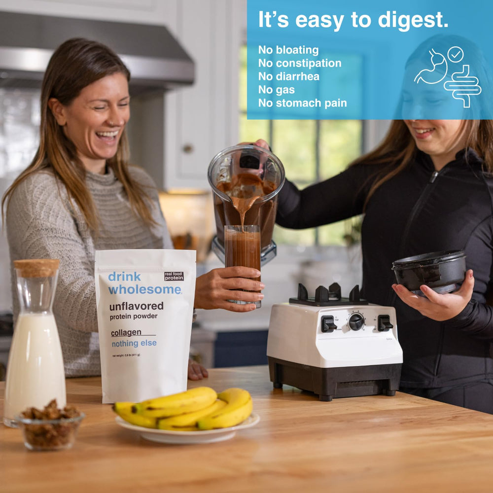 Pouring Drink Wholesome collagen powder into water highlights gluten-free and dairy-free benefits