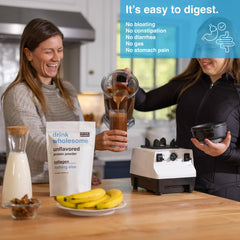 Pouring Drink Wholesome collagen powder into water highlights gluten-free and dairy-free benefits