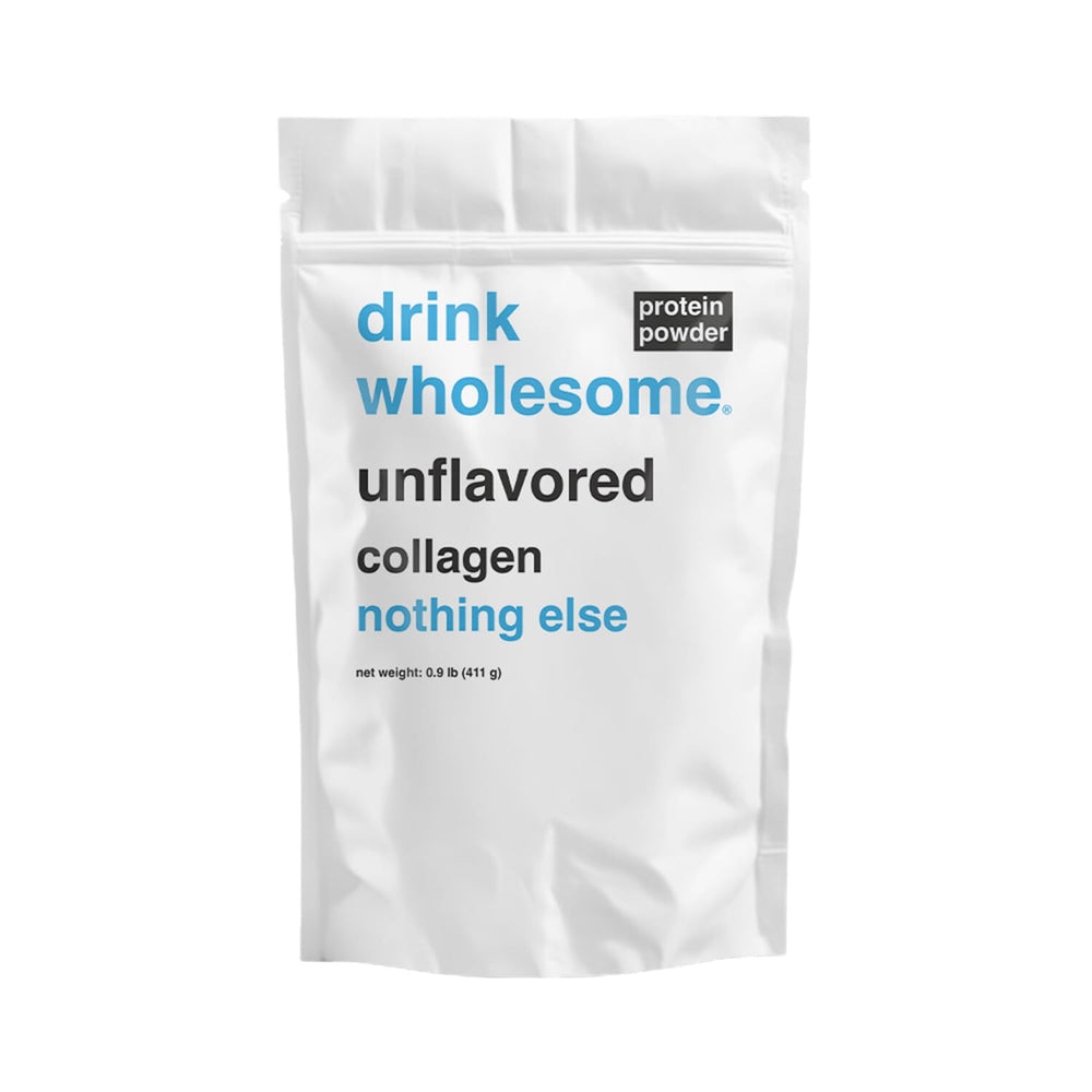 Drink Wholesome unflavored collagen powder tub close-up showing simple ingredients for sensitive stomachs
