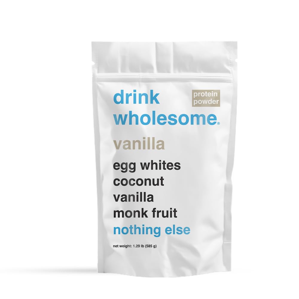 Drink Wholesome vanilla egg white protein powder bottle shows gentle, stomach-friendly nutrition.