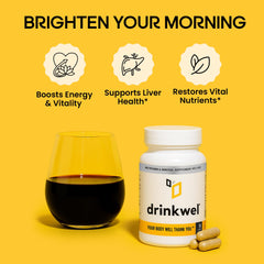 DrinkWel bottle ingredient panel highlights vitamins and milk thistle benefits