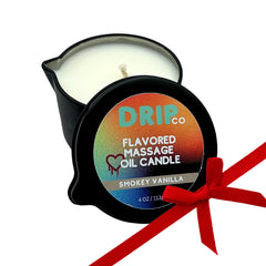 Drip Co smokey vanilla massage candle ready for a relaxing home spa session.