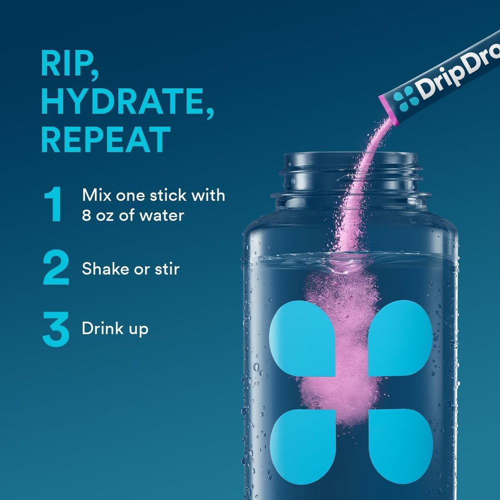 DripDrop Berry packets ready to mix in water for fast hydration