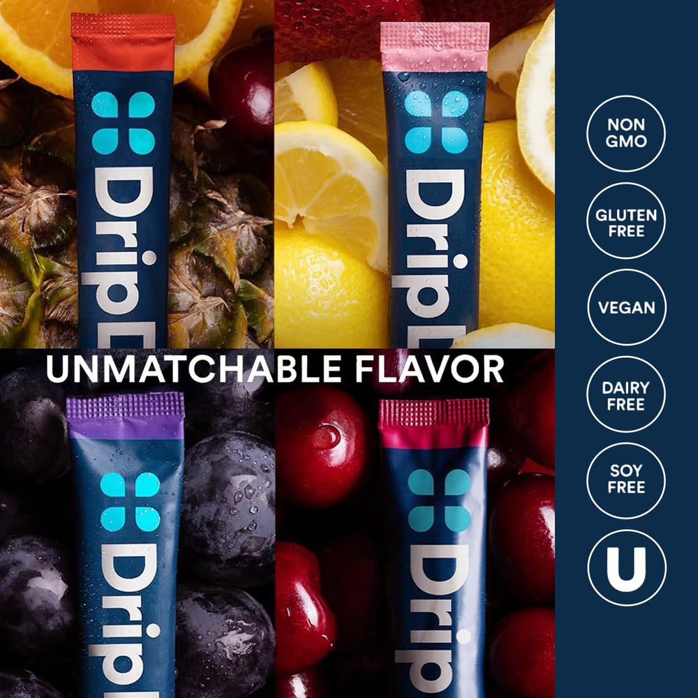 DripDrop cherry flavor packets for tasty daily hydration.