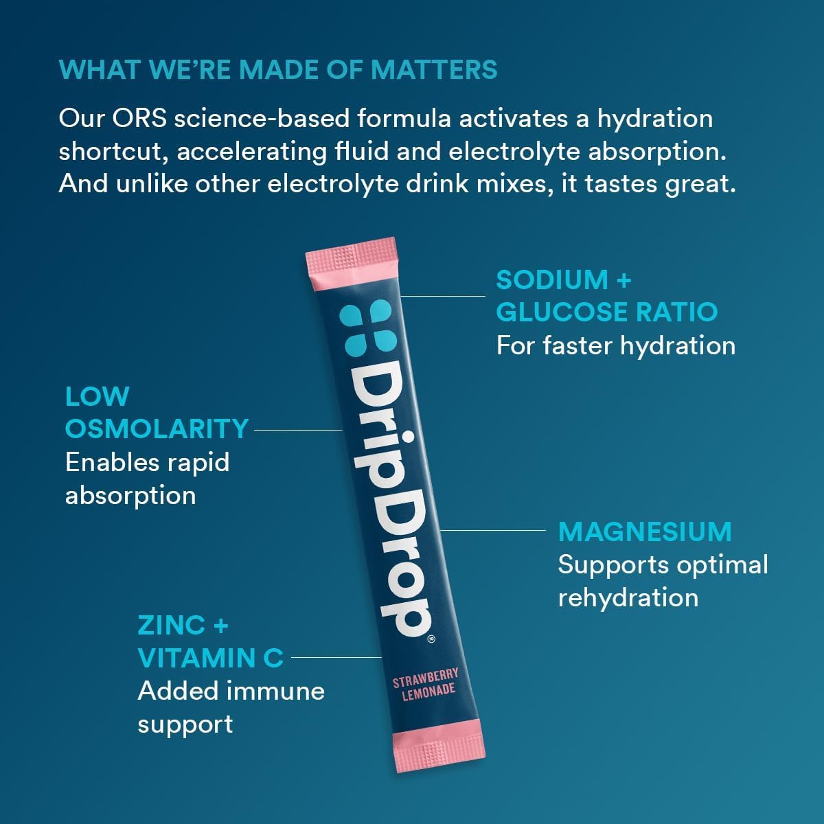 DripDrop strawberry lemonade flavor packets refreshing electrolyte drink.