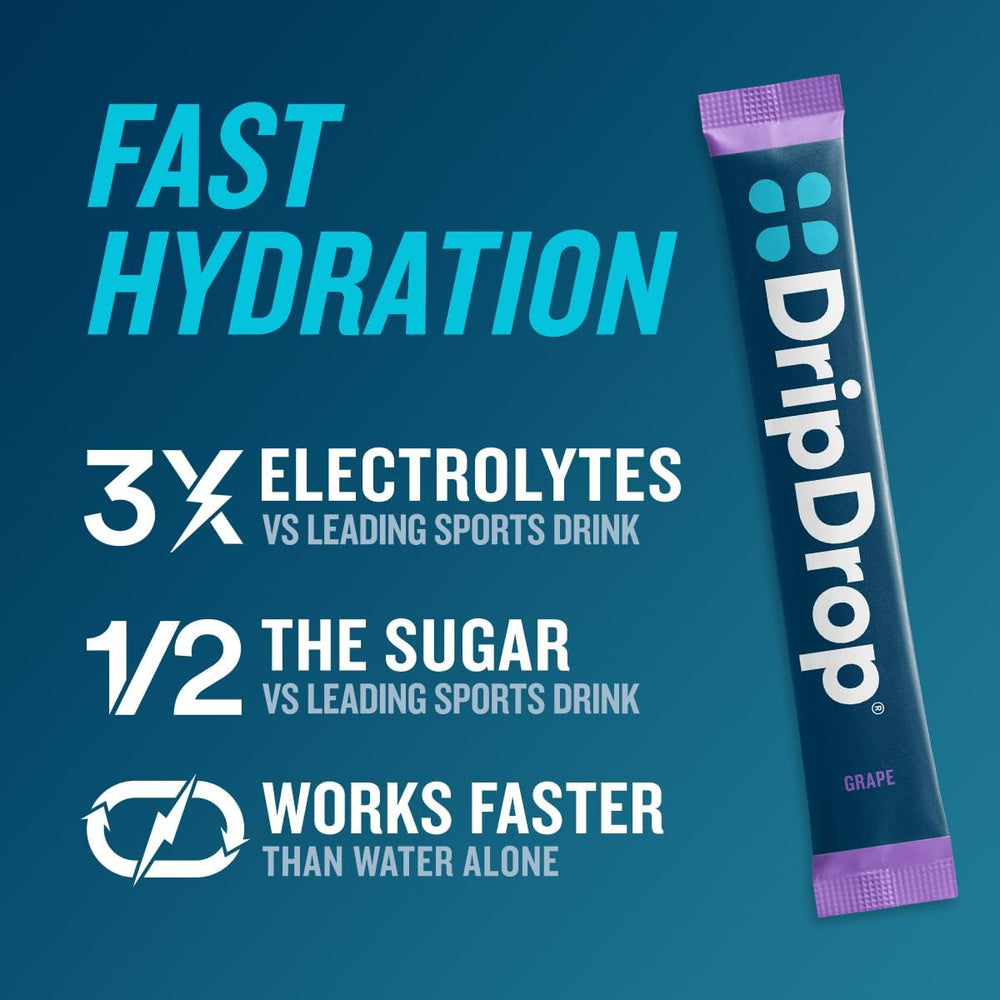 DripDrop Juicy Variety Pack flavors display, convenient single-serve packets for travel.