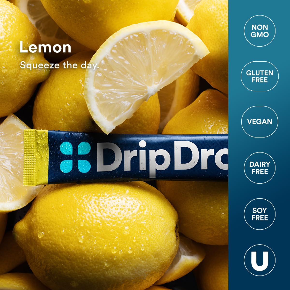 DripDrop Lemon flavor label close-up emphasizing refreshing taste