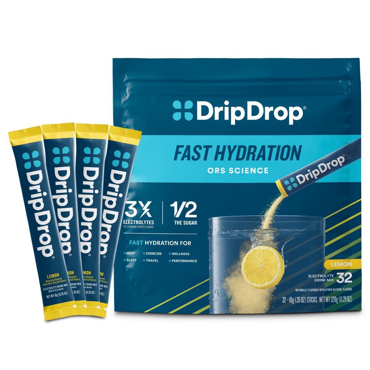 DripDrop Lemon hydration packet splash for quick on-the-go refresh