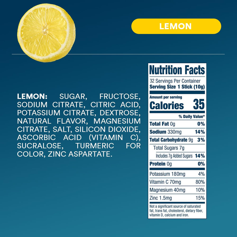 DripDrop Lemon ingredients panel highlighting non-GMO vegan formula