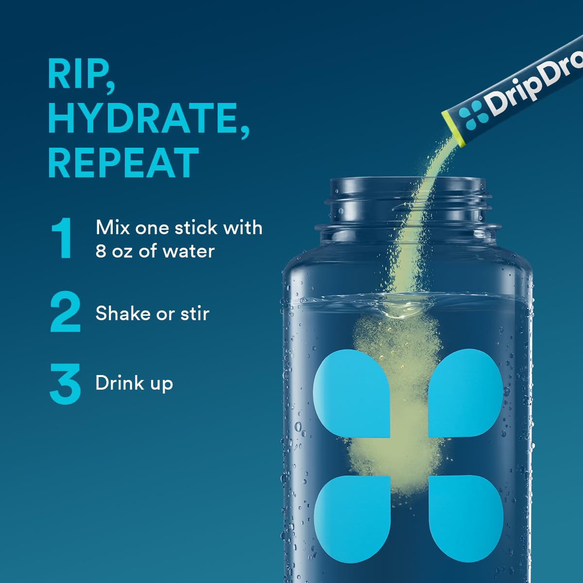 DripDrop Lemon Lime bottle with glass demonstrates convenient travel hydration on the go.