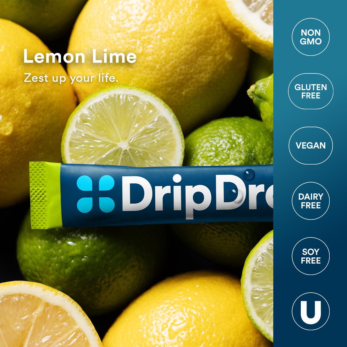 DripDrop Lemon Lime ingredients label highlights vegan, gluten-free, and non-GMO formula.