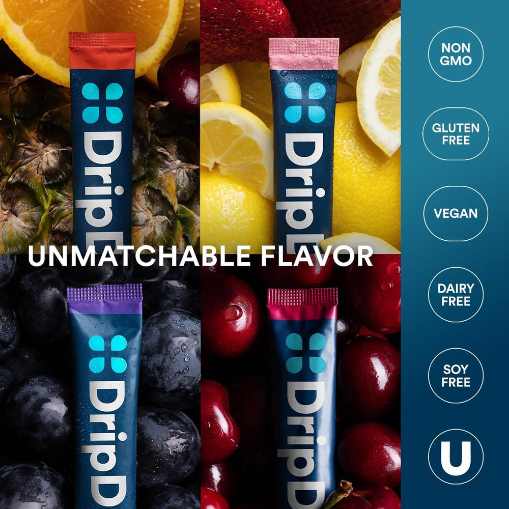 DripDrop strawberry lemonade hydration stick, easy-dissolve powder for daily use.