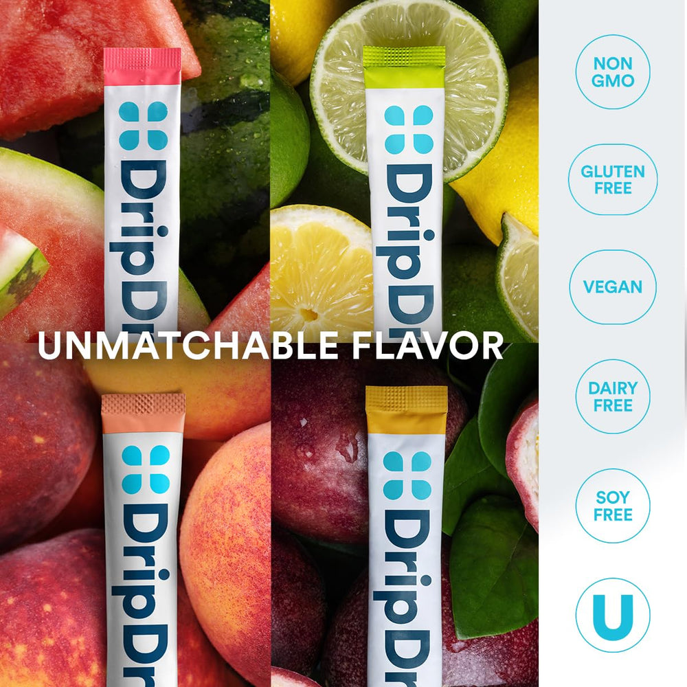 DripDrop hydration packets served in a glass with ice for everyday hydration
