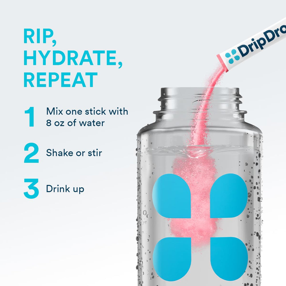 DripDrop sugar-free hydration packets easy to stir into water for fast electrolyte delivery