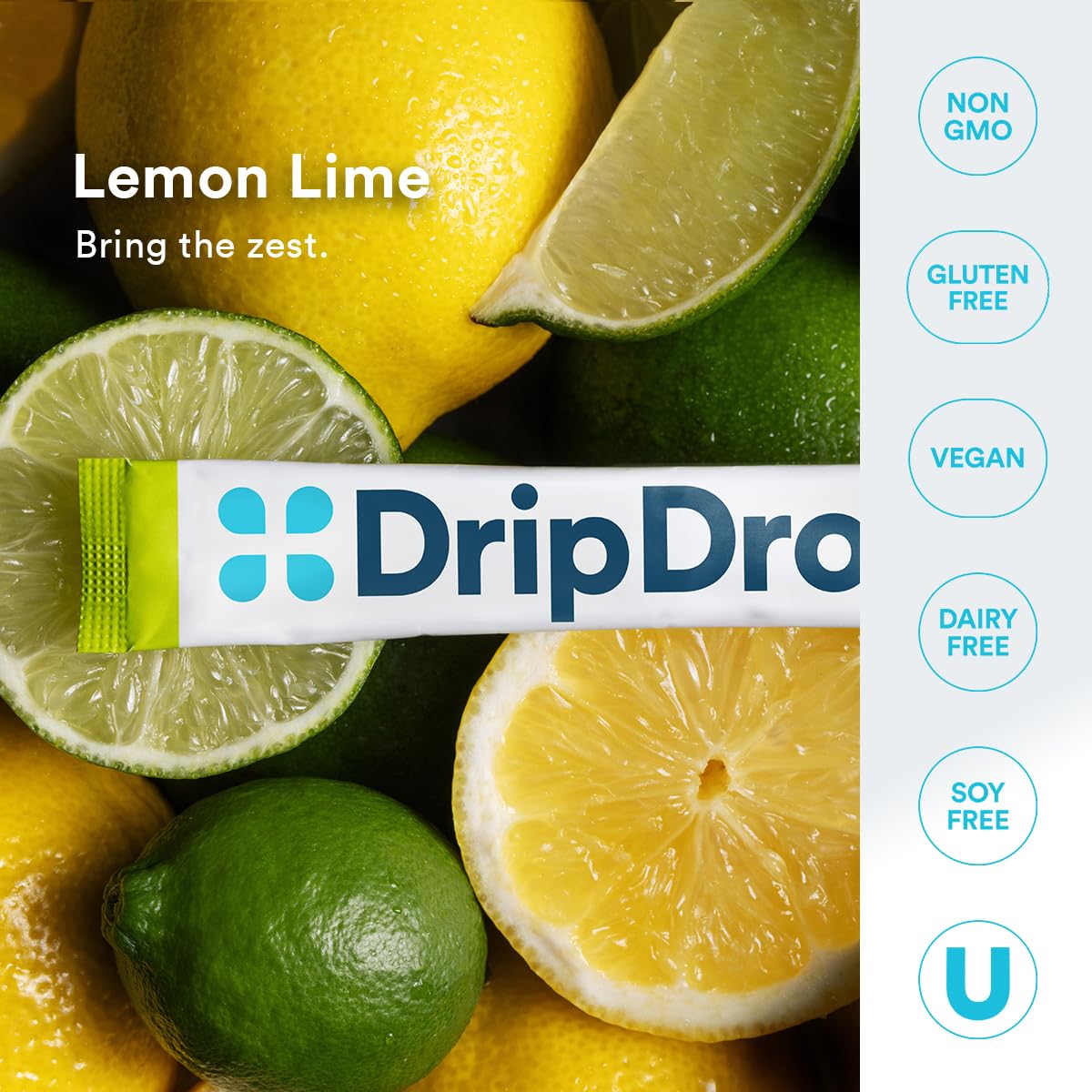 DripDrop single-serve packet on display showing a 32-stick supply for extended hydration.