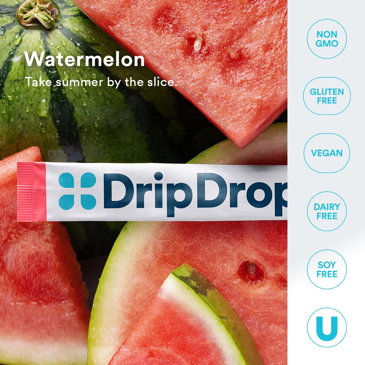 Close-up shows gluten-free and vegan attributes on DripDrop package.