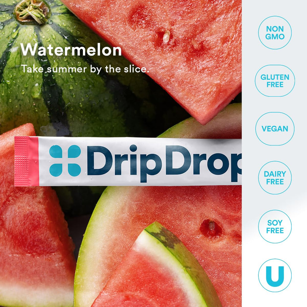 Close-up shows gluten-free and vegan attributes on DripDrop package.