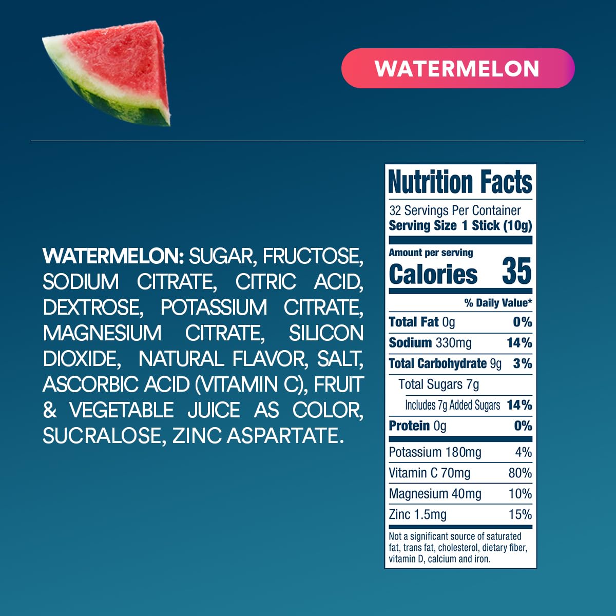 DripDrop Watermelon ingredients panel highlighting non-GMO, vegan hydration.
