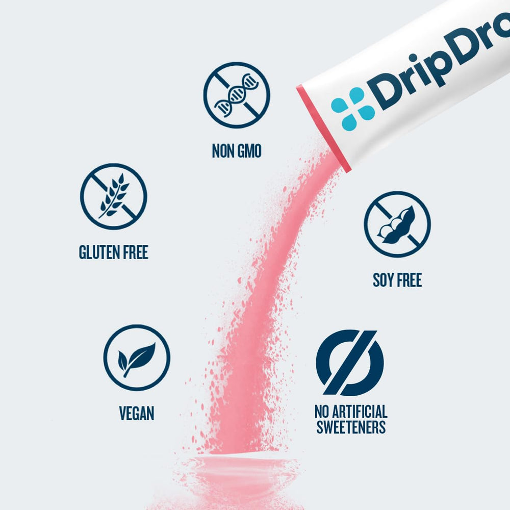 DripDrop Zero Sugar Plus packaging front showing flavors and sticks.