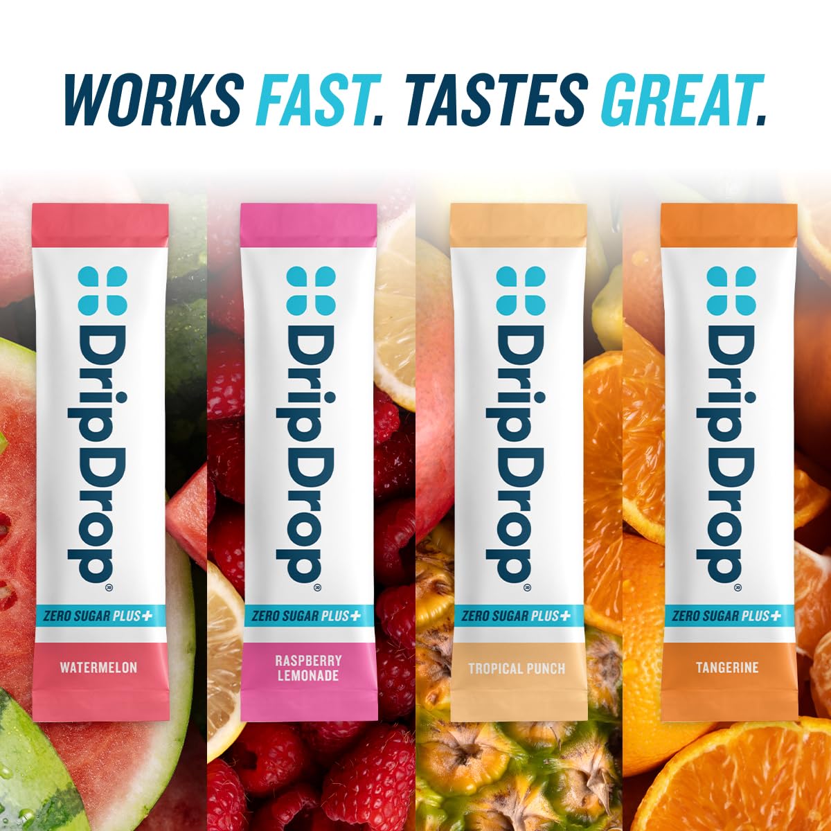 DripDrop Zero Sugar Plus ready to mix in a water glass on the go.