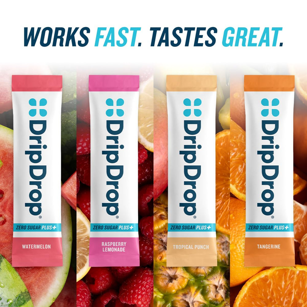 DripDrop Zero Sugar Plus ready to mix in a water glass on the go.