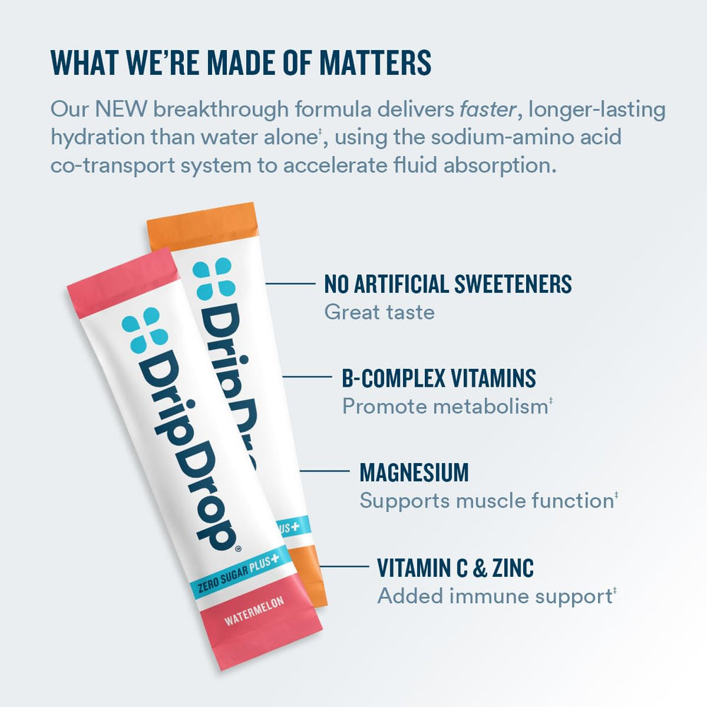 DripDrop Zero Sugar Plus Tropical Punch Stick delivers flavor without sugar.