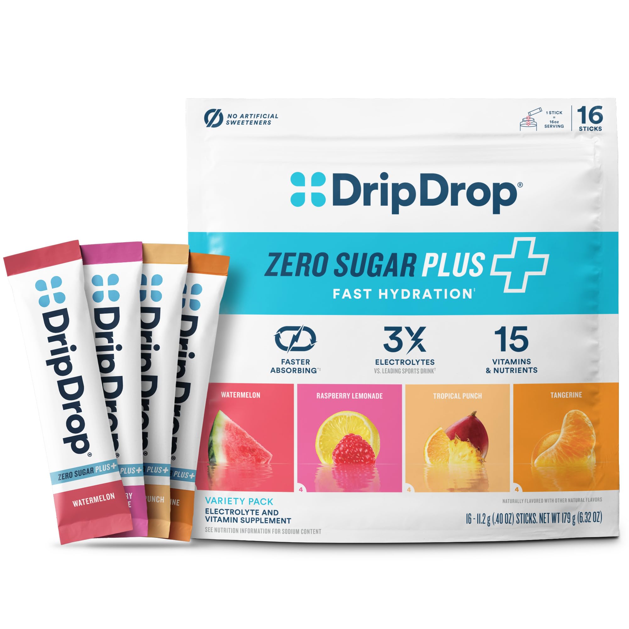DripDrop Zero Sugar Plus Watermelon Stick for on the go hydration.