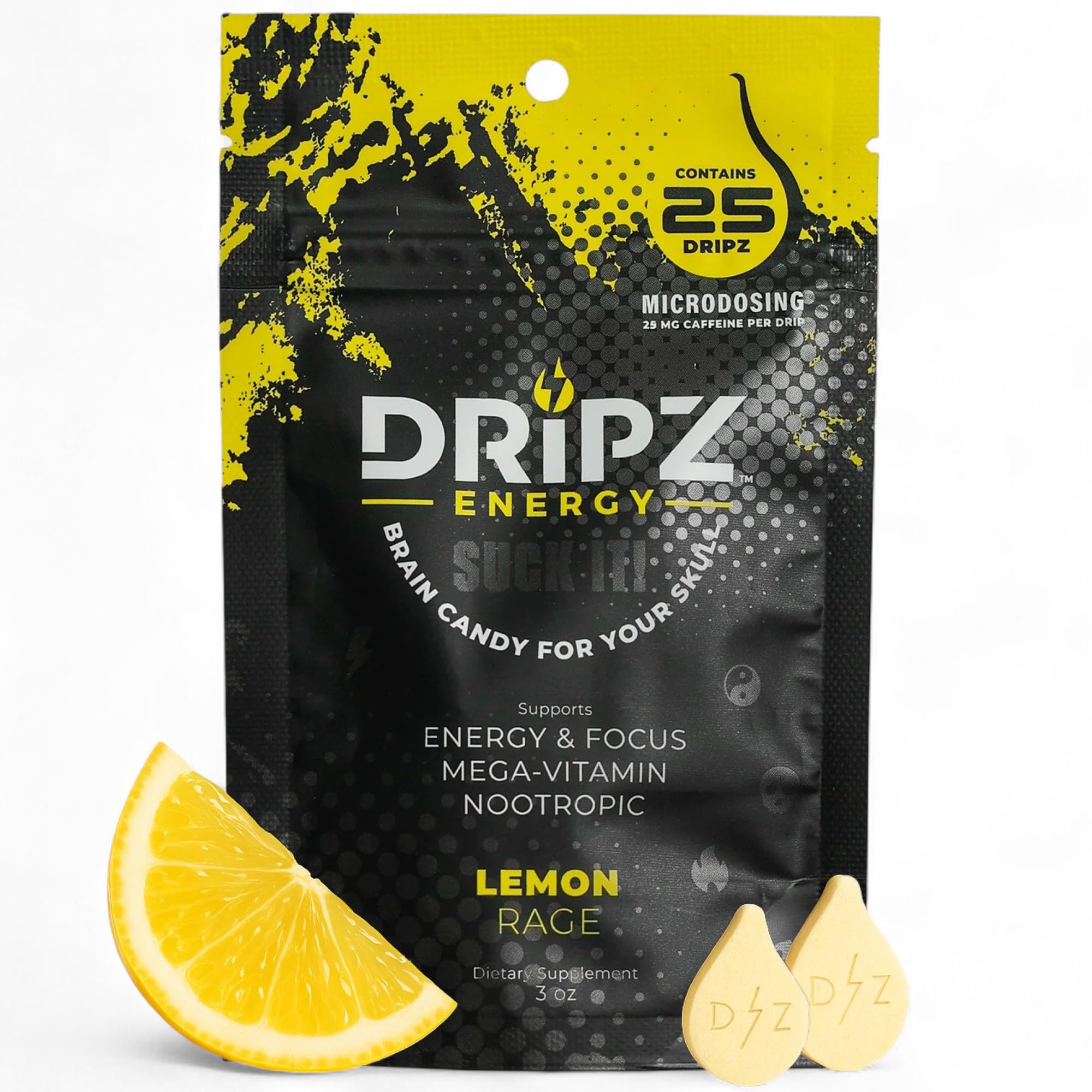 Dripz Energy Lemon Rage bottle pouring tablets for quick energy on the go