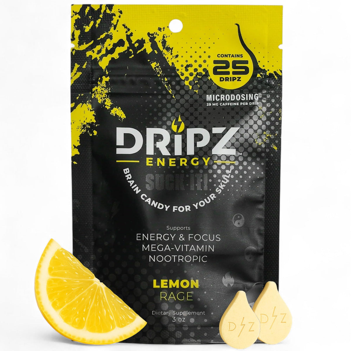 Dripz Energy Lemon Rage bottle pouring tablets for quick energy on the go