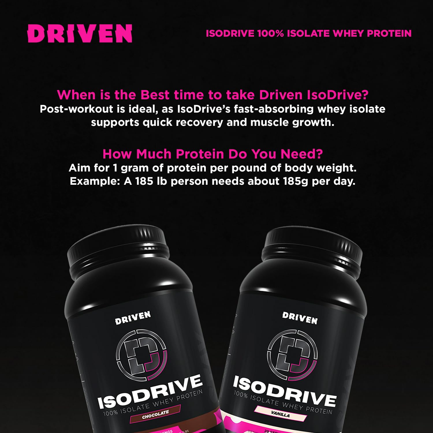 Driven Nutrition IsoDrive Vanilla packaging highlighting enzyme-enhanced absorption features.
