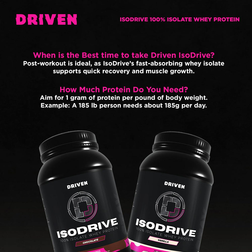 Driven Nutrition IsoDrive Vanilla packaging highlighting enzyme-enhanced absorption features.