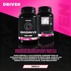 Driven Nutrition IsoDrive Vanilla scoop showcasing 25g protein per serving for post-workout use.