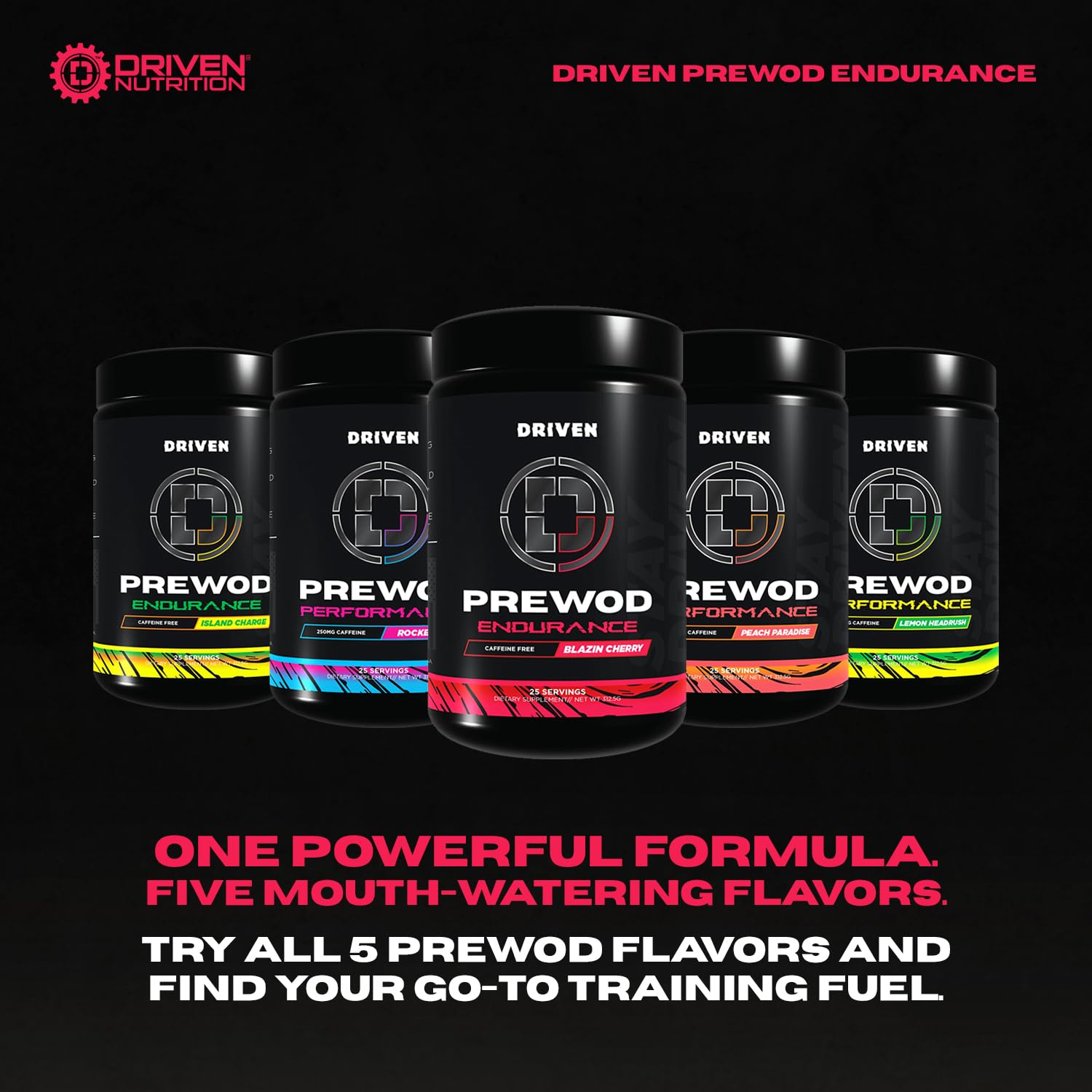 Driven PREWOD Blazin Cherry packaging with sugar-free flavor option for workouts