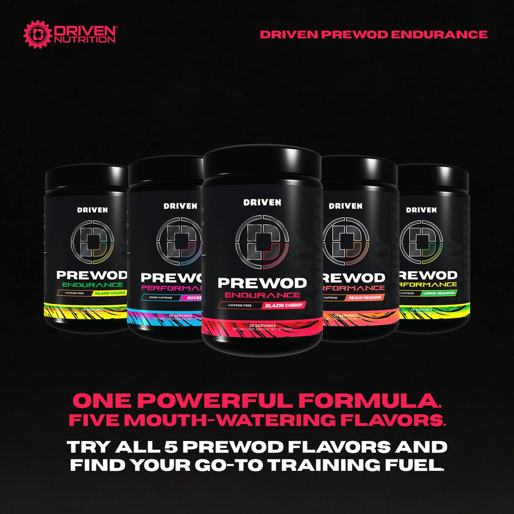 Driven PREWOD Blazin Cherry packaging with sugar-free flavor option for workouts