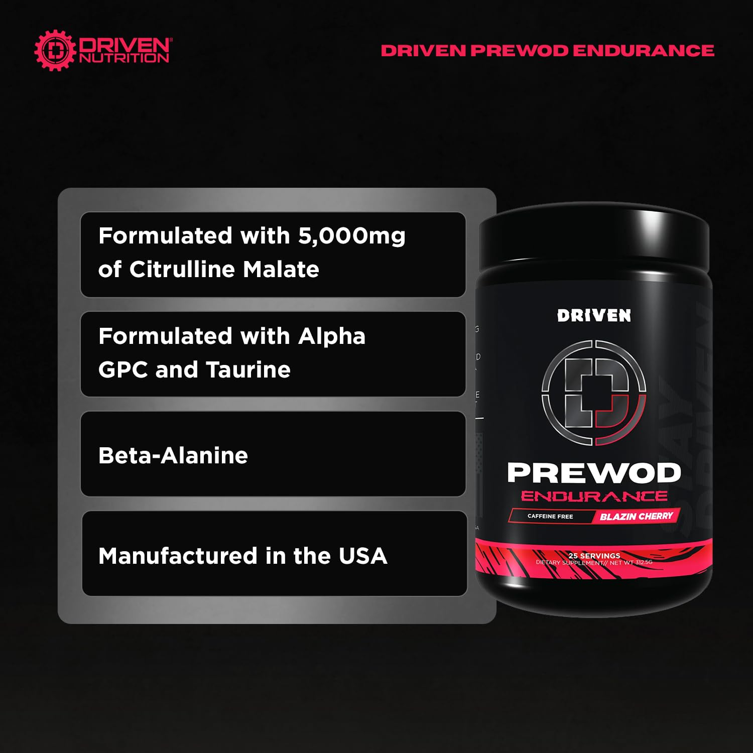 Driven PREWOD label closeup highlighting beta-alanine and citrulline for endurance