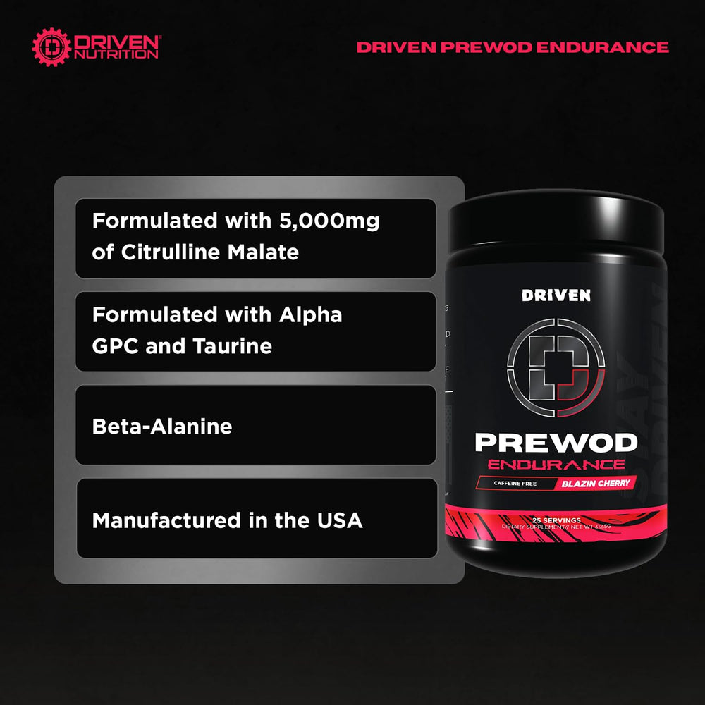 Driven PREWOD label closeup highlighting beta-alanine and citrulline for endurance